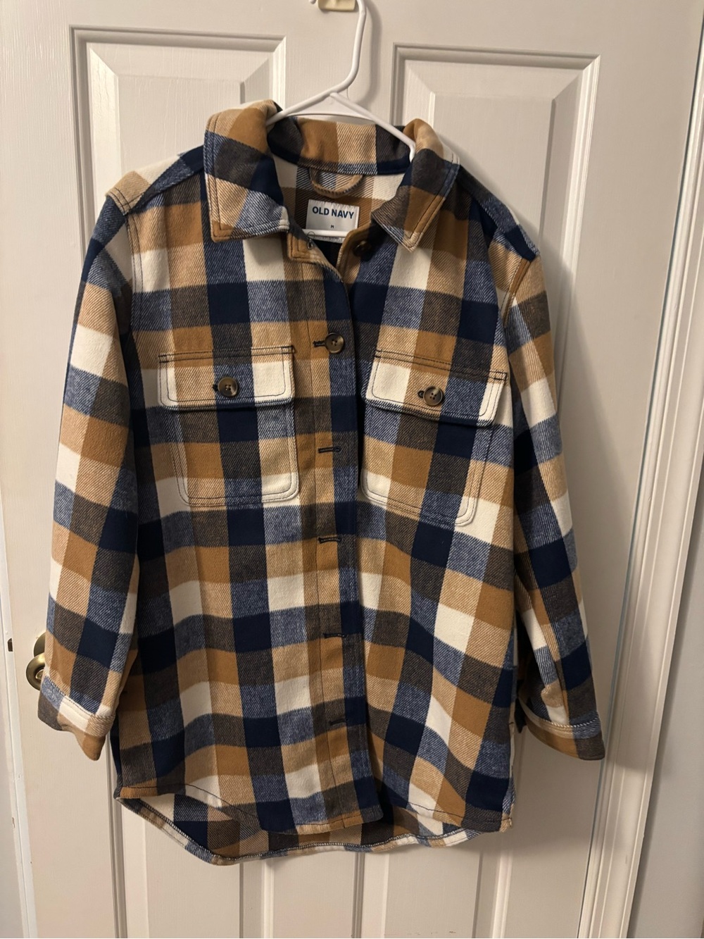 Old Navy Navy, Tan & White Plaid Button-Up Shirt Jacket